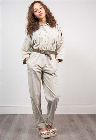 VINTAGE 90'S BEIGE BELTED BOILERSUIT JUMPSUIT