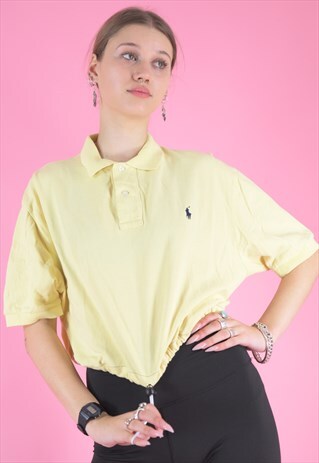 VINTAGE 90S REWORKED RALPH LAUREN CROP TOP POLO SHIRT YELLOW
