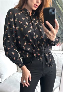 Vintage 70s Black Floral Shirt - M