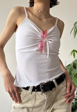 VINTAGE Y2K 00'S CUTE WHITE FITTED ASYMMETRICAL CAMI TOP