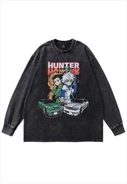 Racing print t-shirt vintage wash long tee grunge anime top