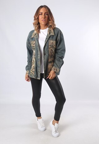 EMBROIDERED PATCH LEOPARD DENIM JACKET OVERSIZED UK 18 (E1A)