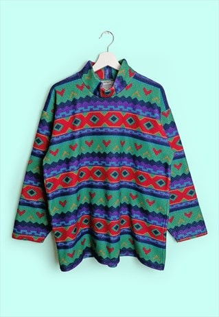 90'S RETRO FLEECE CRAZY PRINT WINTER SWEATER HIGH NECK