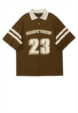 Varsity polo shirt happy vibes number top in brown