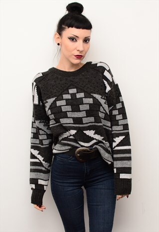 VINTAGE 90'S RETRO ABSTRACT PATTERNED SLOUCHY JUMPER