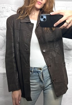 Vintage Brown Real Leather Jacket / Coat - M - L