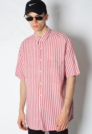 VINTAGE 90S RED AND WHITE STRIPED LINEN BLEND SHIRT