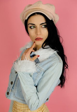 REWORKED CROPPED LIGHT DENIM JACKET FAUX DUR FLUFFY CUFFS