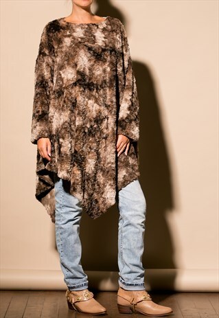 BROWN FAUX FUR PONCHO, TUNIC, TOP, COVER UP