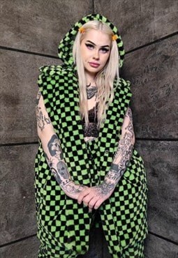 SKA check fleece gilet handmade sleeveless hood jacket green