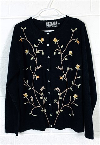 VINTAGE KNITTED CARDIGAN BLACK FLOWER PATTERNED