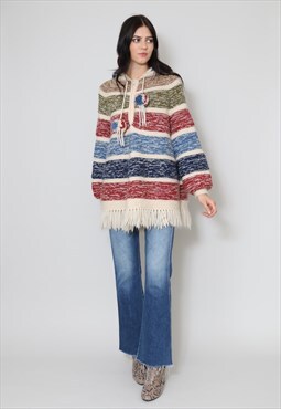 70's Ladies Vintage Hooded Fringed Wool Cape Jacket Poncho 