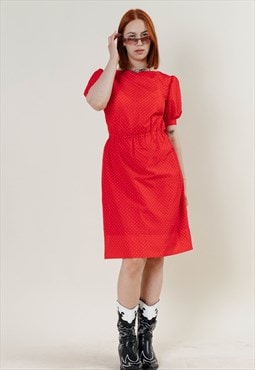 Vintage 80s Romantic Puffy Sleeve Red Polka Dot Midi Dress