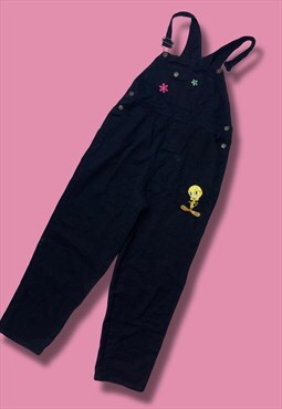 Vintage black embroidered Looney Tunes dungarees 90s 