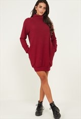 Oversized Jumper Dress With Roll Neck And Pockets In Wine