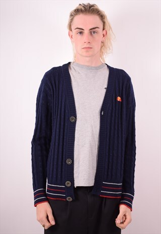 ELLESSE MENS VINTAGE CARDIGAN SWEATER MEDIUM NAVY BLUE 90S
