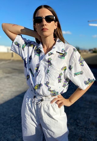 VINTAGE 80S CAR PRINT SHIRT WHITE