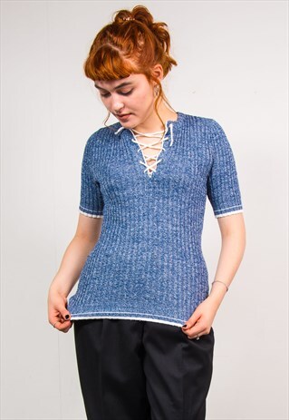VINTAGE 70'S BLUE KNIT RIBBED NECK TIE TOP
