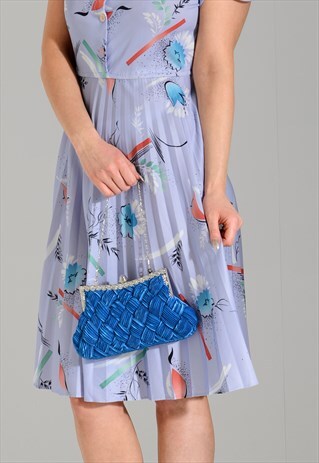 BLUE RIBBON FABRIC DESIGN VINTAGE STYLE CLUTCH BAG