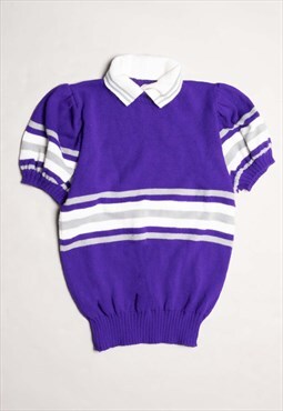 '90s Purple Striped Cheerleader Puffy Short Sleeve Sweater