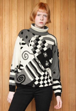 VINTAGE 1980S GREY, CREAM AND BLACK PATTERNED JUMPER