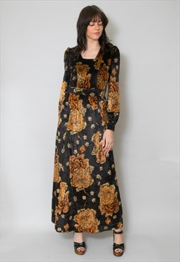 70's Vera Mont Bell Sleeve Velour Black Floral Maxi Dress