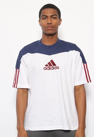 VINTAGE ADIDAS BIG LOGO T-SHIRT WHITE AND BLUE