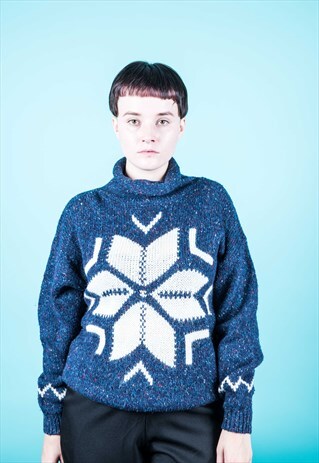 VINTAGE POLO NECK JUMPER IN NAVY BLUE WITH SNOWFLAKE PATTERN