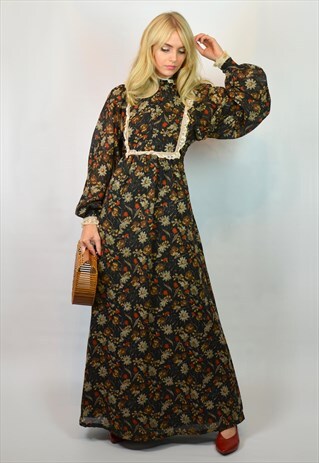 VINTAGE 70S BLACK & BROWN BOHO FESTIVAL MAXI DRESS