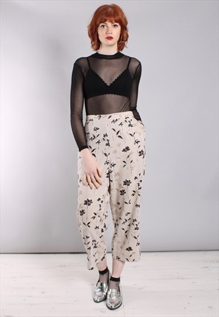 VINTAGE 90S LINEN PATTERNED HIGH WAISTED CROPPED TROUSERS