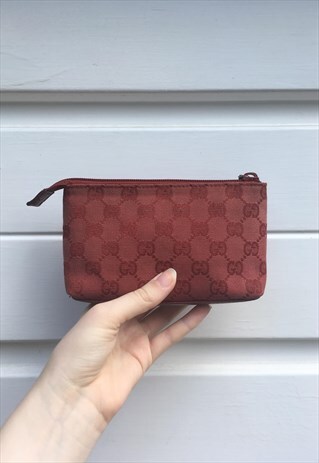 WOMENS GUCCI PURSE RED MONOGRAM PRINT TOILETRIES MAKEUP BAG
