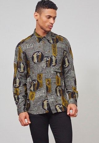 VINTAGE 90'S BLACK AND GREEN ART DECO PRINT SHIRT