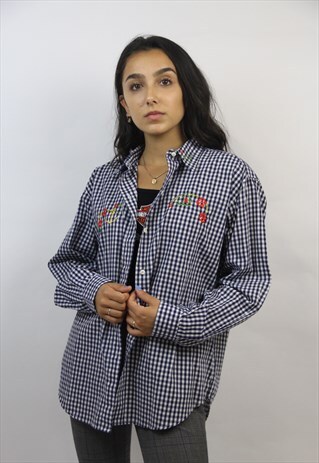 VINTAGE NAVY GINGHAM PATTERN SHIRT