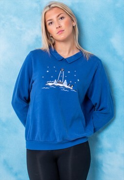 Vintage Lighthouse Graphic Sweatshirt in Blue Small
