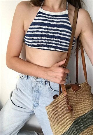 VINTAGE 70S BOHO FESTIVAL JAZZY CROCHET HALTER CROP TOP