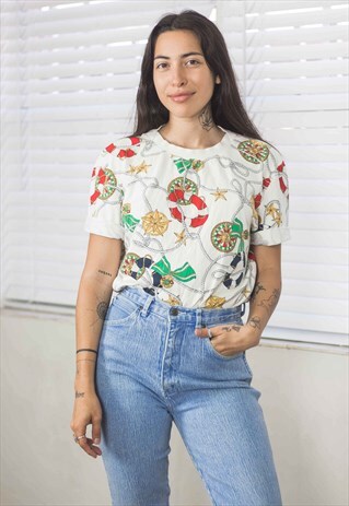 VINTAGE NAUTICAL PATTERN T-SHIRT 90S M 4.9