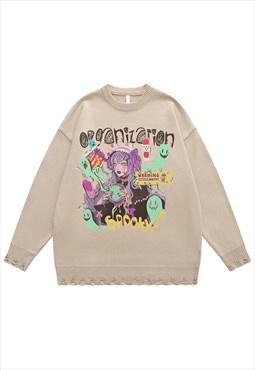 Anime sweater spooky jumper ripped knitted Kawaii top cream