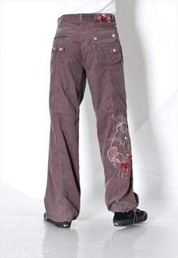 Y2K Dusty Purple Embroidered Corduroy Womens Cargo Pants