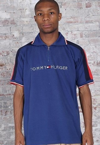 VINTAGE TOMMY HILFIGER LOGO 1/4 ZIP POLO SHIRT BLUE RED