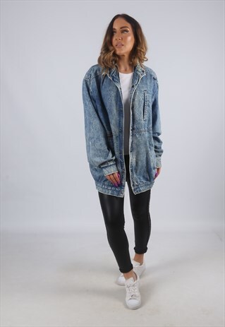 VINTAGE DENIM JACKET LONG BOMBER ACID WASH UK 10 (DKBJ)