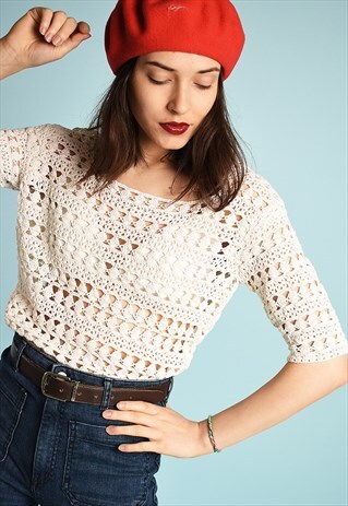 80'S RETRO PARIS CHIC HANDMADE TOP BLOUSE IN CROCHET