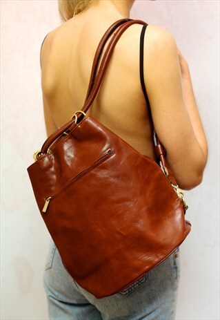 1990S VINTAGE RICH BROWN REAL LEATHER SHOULDER BAG