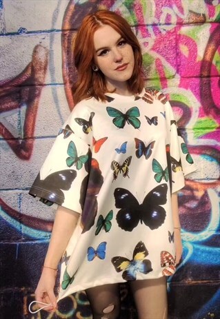 BUTTERFLY PRINT T-SHIRT HANDMADE EDGY FANTASY T-SHIRT WHITE