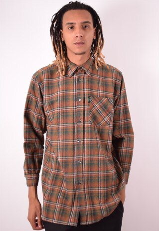 MENS VINTAGE FLANNEL SHIRT MEDIUM BROWN CHECK 90S