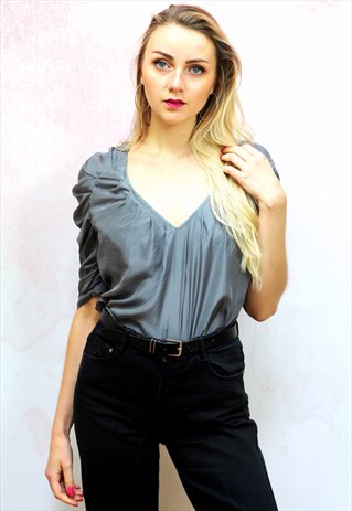 1990S VINTAGE GREY PURE SILK BLOUSE