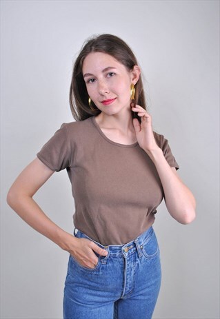 90S VINTAGE BROWN MINIMALIST BLANK TSHIRT, SIZE M