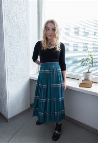 VINTAGE 70'S BLUE CHECKED HIGH WAISTED MIDI SKIRT