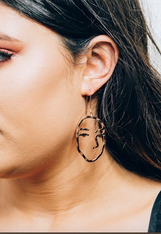 STATEMENT BRASS GOLD PLATED FACE DROP EARRINGS