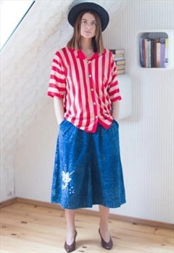 Blue midi denim cotton vintage skirt