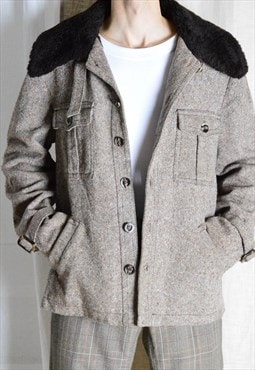 Vintage 70s Beige Brown Wool Blend Faux Fur Preppy Coat